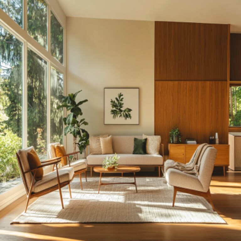 Mid-Century Modern Living Room Design with Wooden and Upholstered Furniture